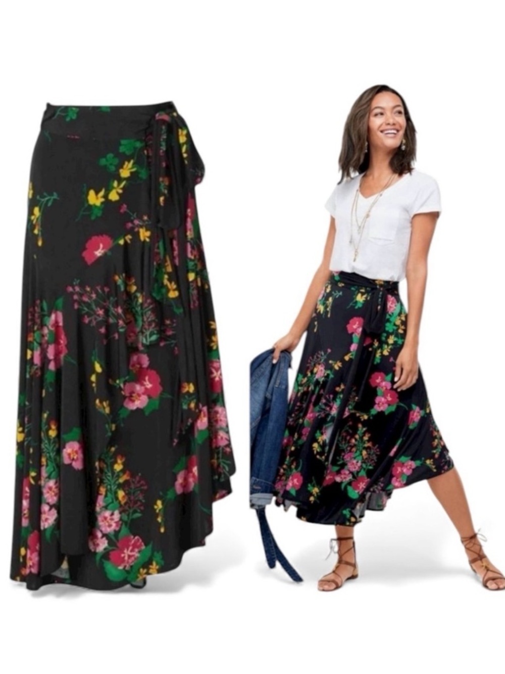 Cabi Floral Wrap Midi Skirt Black Tie Waist Asymmetrical Hem Size S